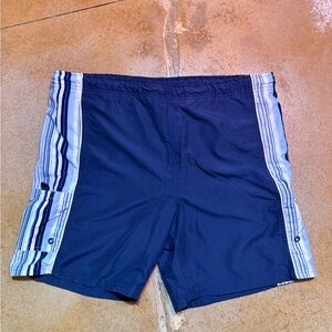 Consensus Sportswear - Navy Blue Men’s Swim Trunks with Striped Side Panels